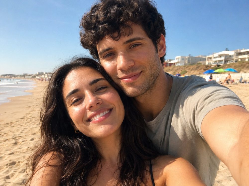 Aiden and Mira taking a selfie together on the beach