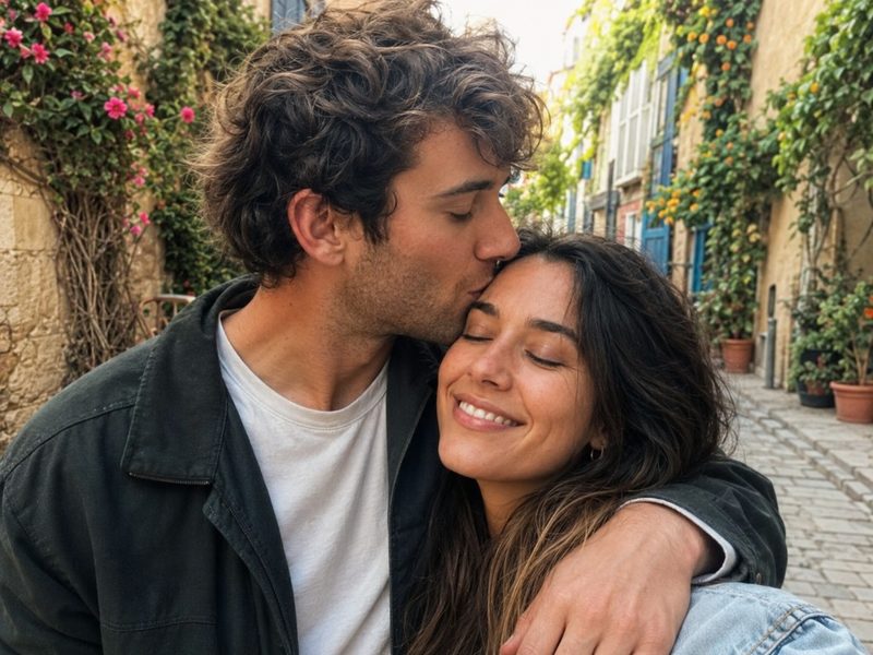 Aiden and Mira together in a flower-lined old town street